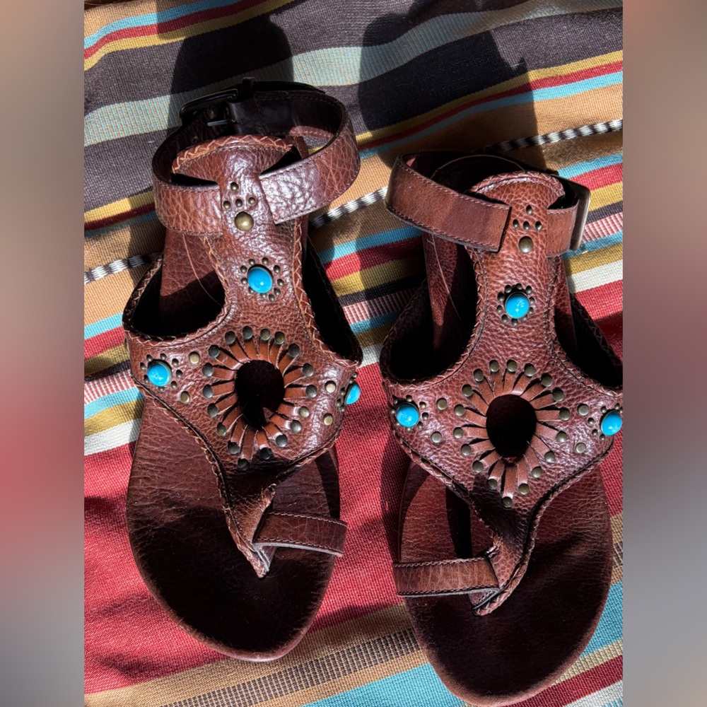 Frye Brown Leather Sandals with Turquoise Accents 6